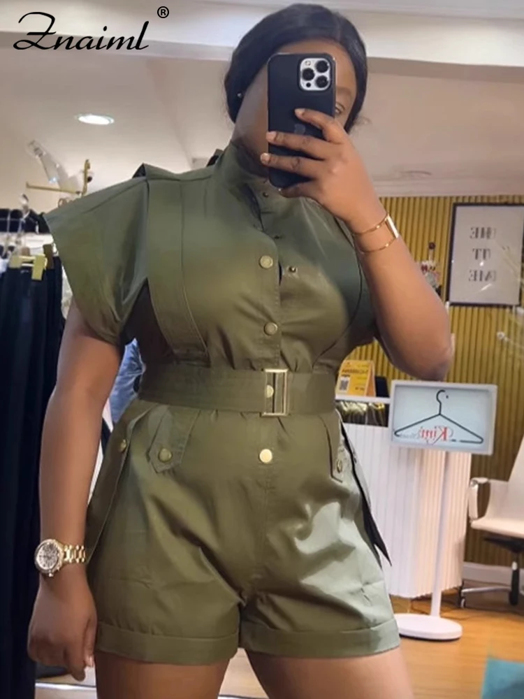Znaiml الصيف بنطال ذو قصة أرجل واسعة Playsuits السروال القصير مع حزام المرأة بذلة السراويل السوداء قصيرة الأكمام أنيقة قطعة واحدة Overslls