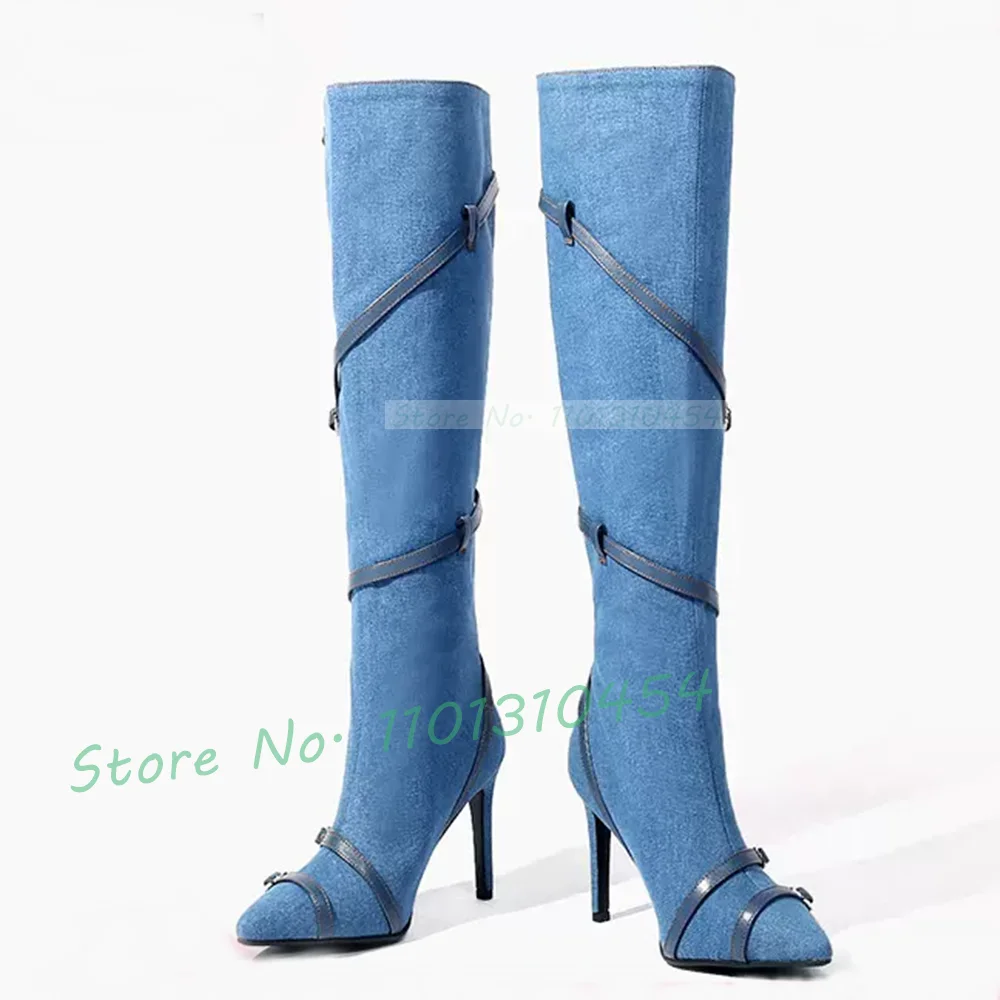 

Cross Strap Denim High Boots Women Elegant Pointy Cowboy Knee High Shoes Spring Belt Buckle Streetwear Trends Sexy Heeled Boots