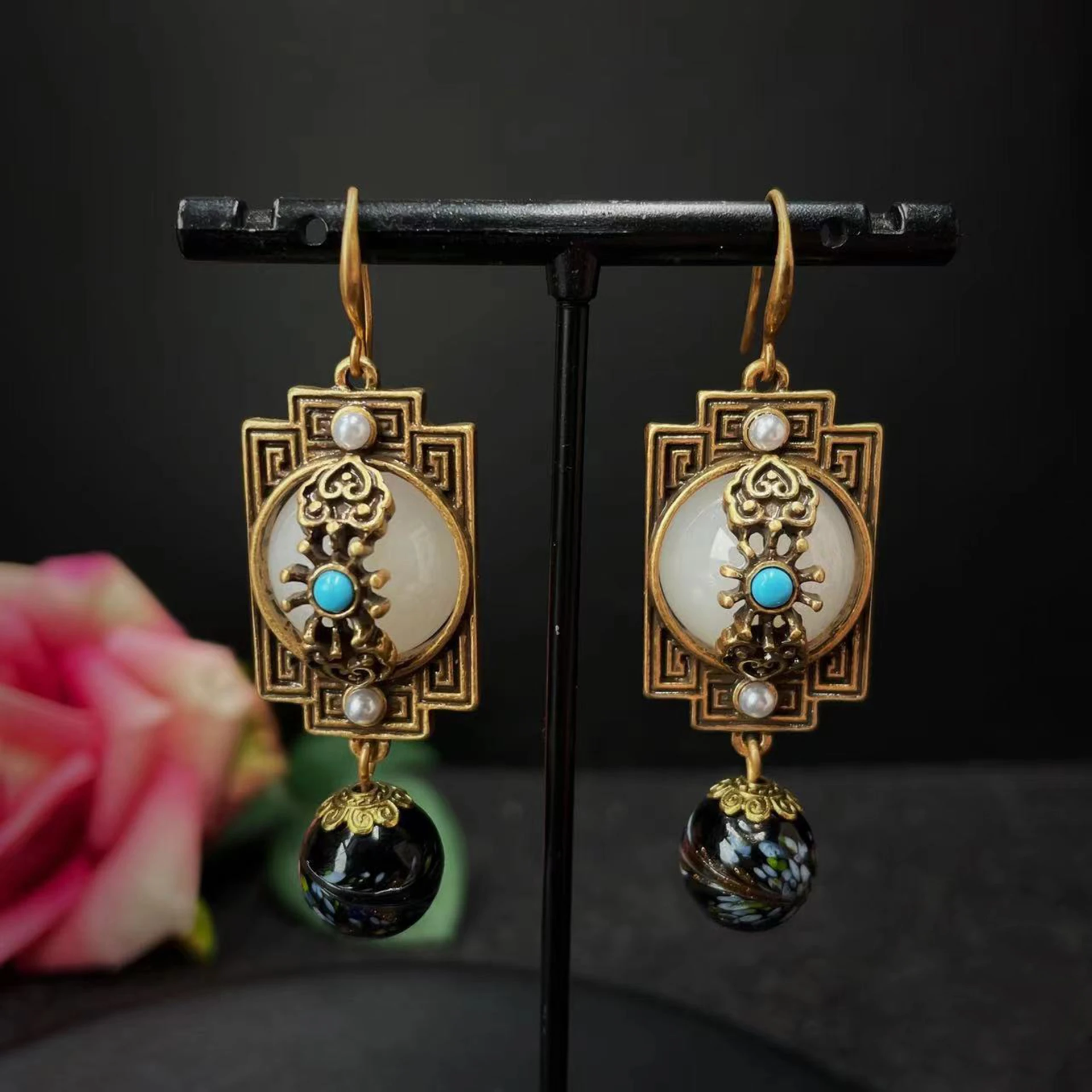 

Vintage Middle Ancient Chinese Style Earring Imitation Jade Stone Glaze Glass Beads Retro Dangle Earrings For Women