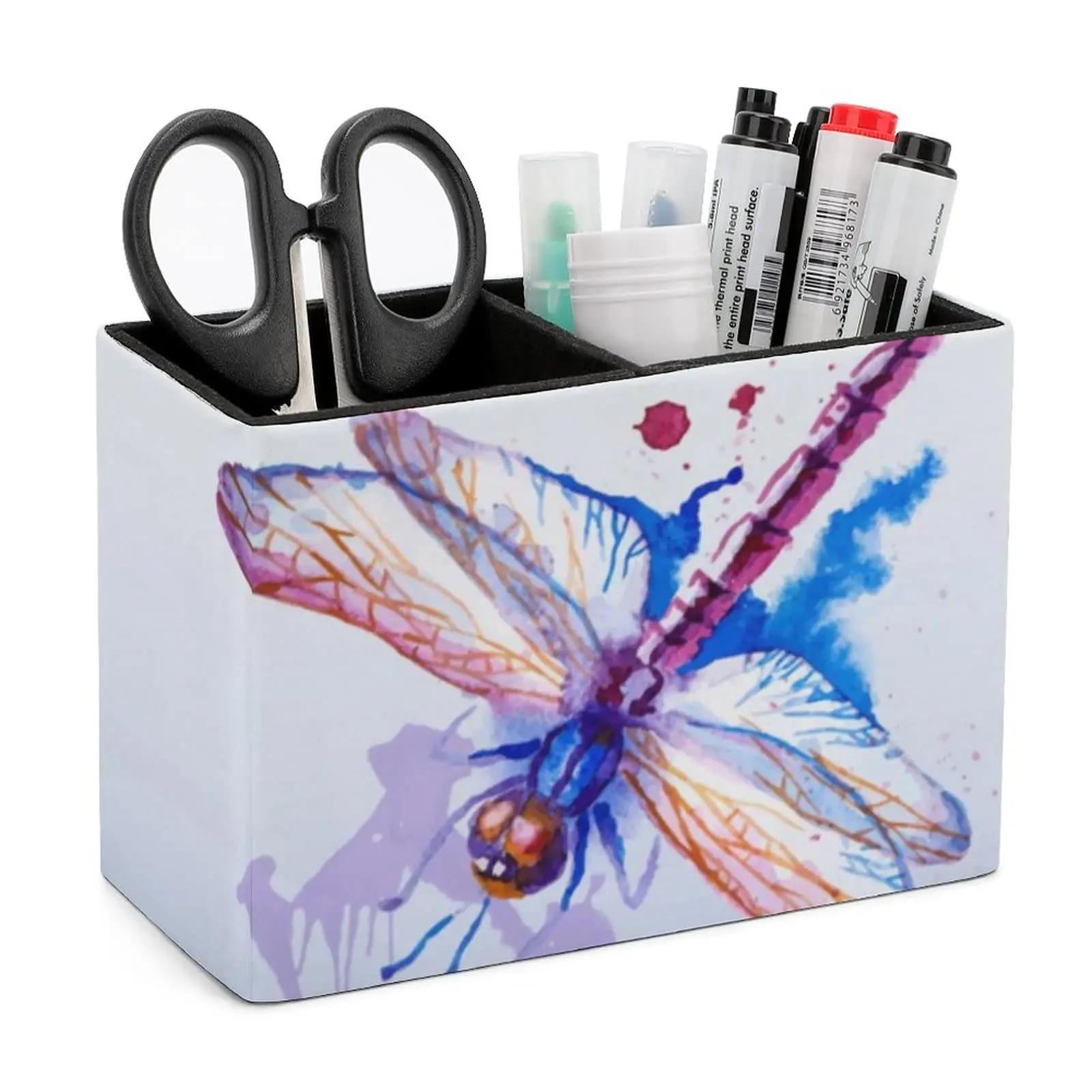 Pencil Holder for Desk Watercolor Dragonfly PU Pen Holder Storage Pencil Organizer Makeup Brush Holder for Office School College