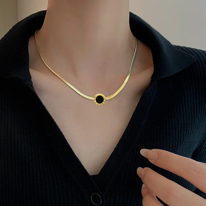 OIMG 316L Stainless Steel Gold Color Black Round Roman Numeric Necklaces For Women Party Gift Jewelry 2023 New Dropshipping