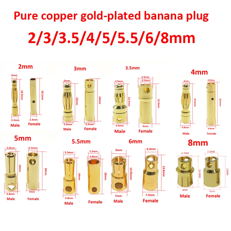 

5/10Pair 2.0mm/3.0mm/3.5mm/4.0mm/5mm/5.5mm/6mm/8mm RC Battery Gold-plated Bullet Banana Plug Male Female Bullet Banana Connector