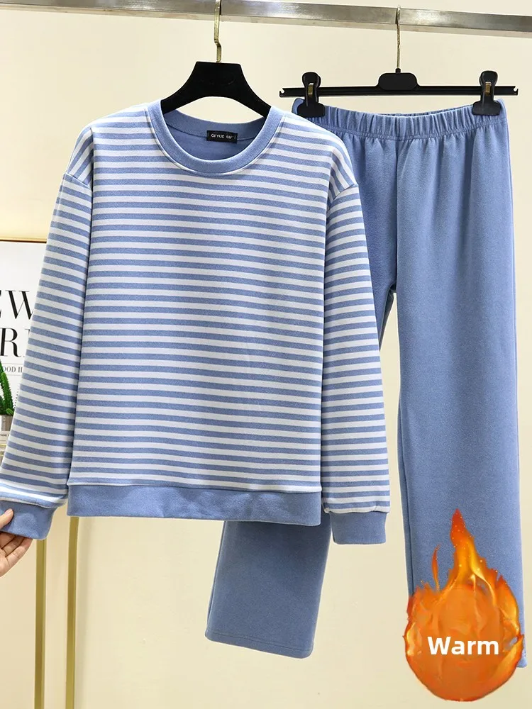 Warm Fleece Lined Sleepwear Set for Women Loose Fit Home Clothes Large Size Extra Fat Outerwear Autumn Winter Black Stripe De...