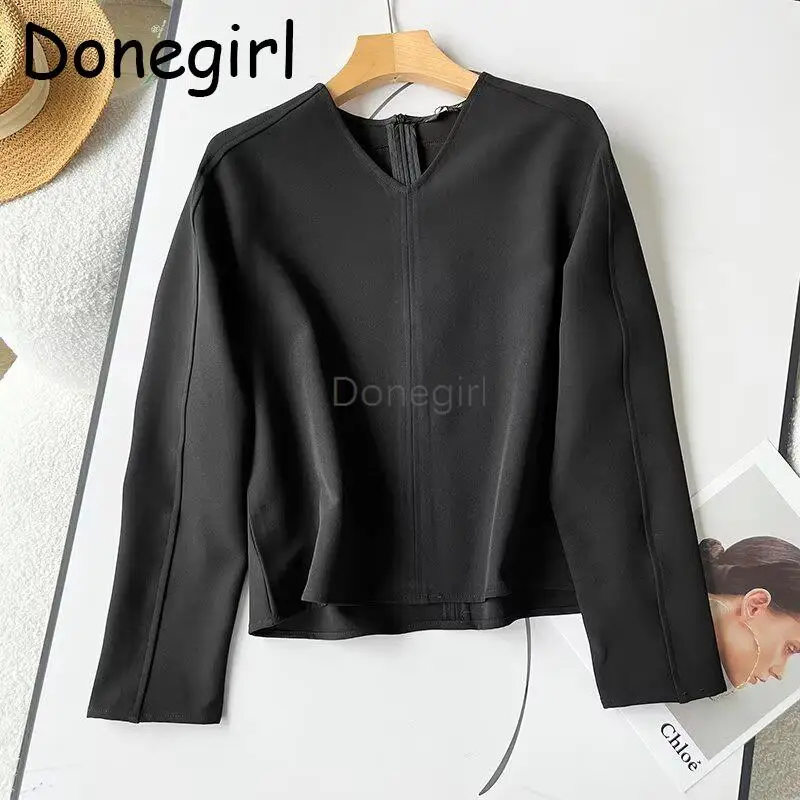 Donegirl 2024Summer New Women Fashion V-neck Long Sleeve Solid T-shirt Simple Casual Versatile Commute Pullover Tops Female Chic