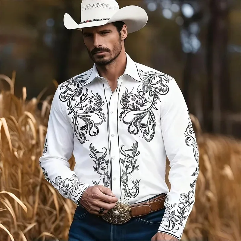 Men's Western Cowboy Style Long Sleeve Printed Casual Shirt Slim Fit Vintage Print Resistant Cotton Polyester Blend Spring Wear