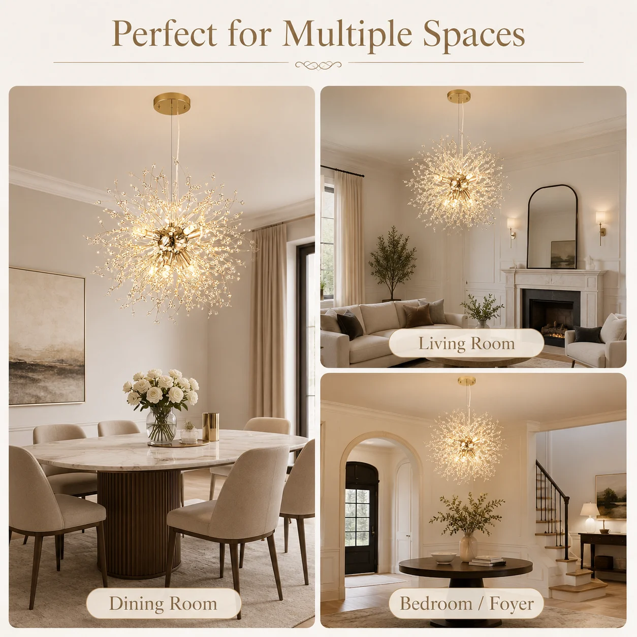 JOYINLED Luxury Decor G9 Gold Dandelion Crystal Pendant Light,Modern Firework Sparkling Hanging Chandelier for Living Room Lamp
