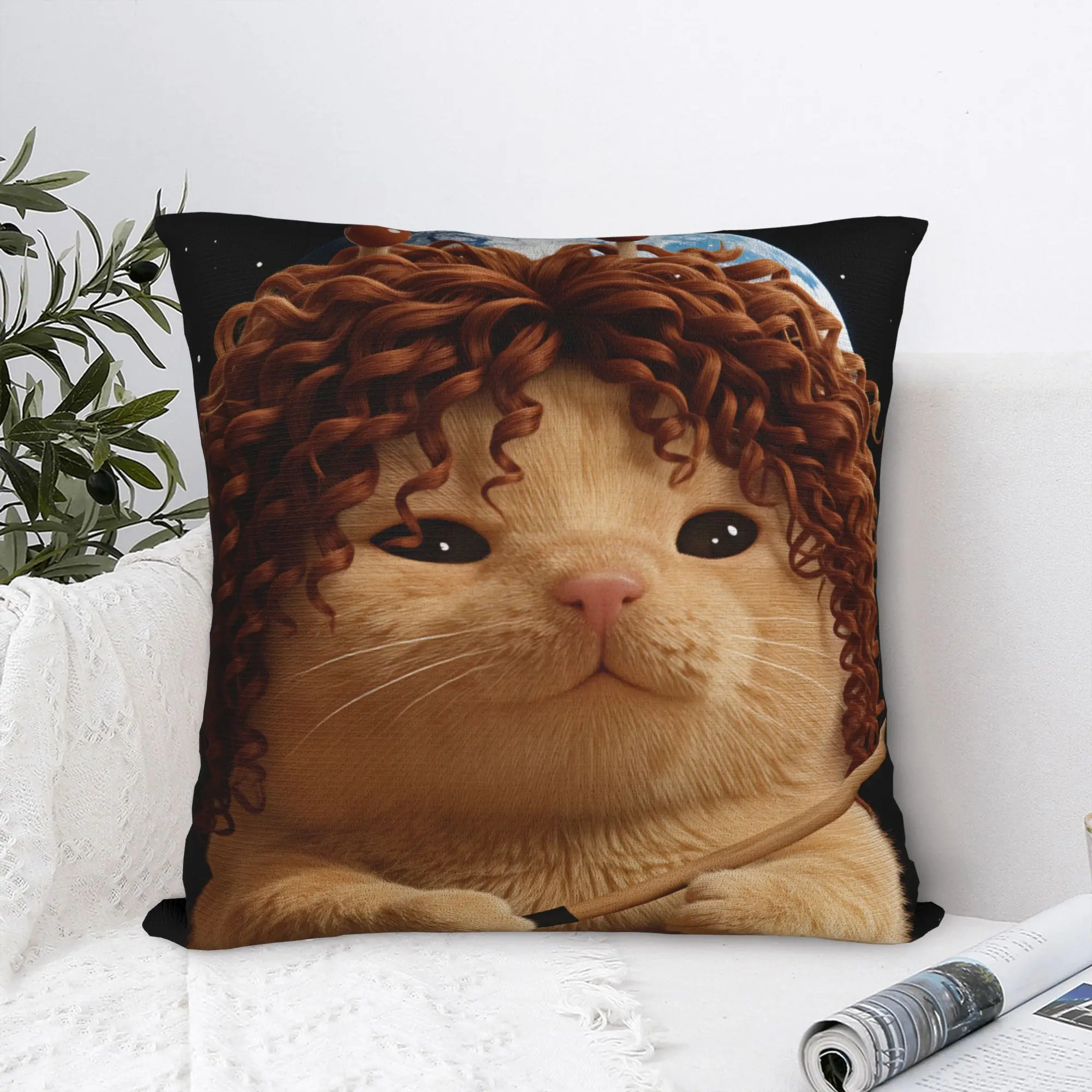 Curly Hair Aliens Cat Pillow Cover  Comfy Cushion Cover Vintage Pillow Case For Sofa Home Decor