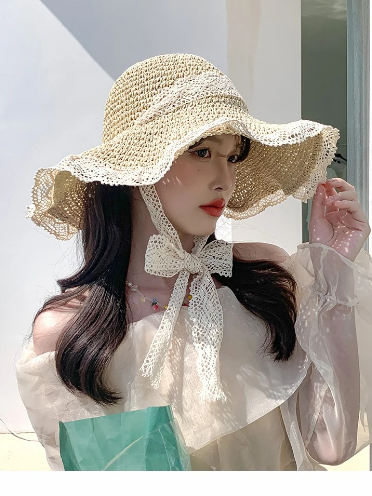 여행용 자외선 차단 빨대 모자, 레이스업 할로우 잔디 니트 모자, 여름 해변 해변 태양 모자, 레이스 엣지 태양 모자, 신제품