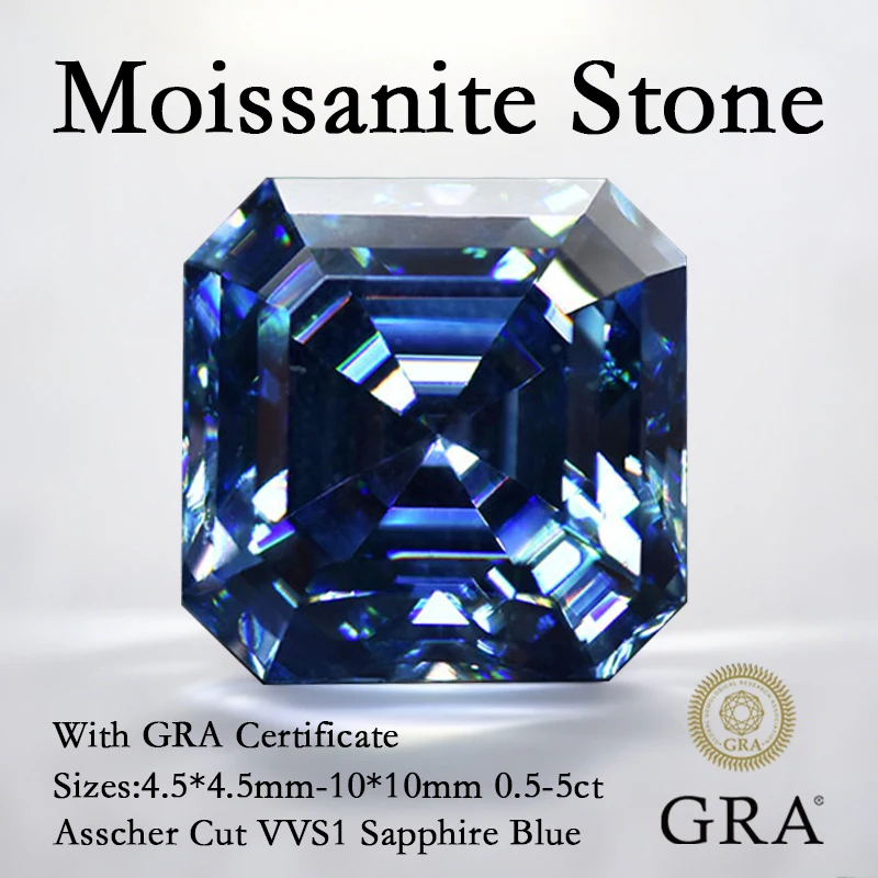 

Moissanite Stone Asscher Cut Sapphire Blue Color VVS1 Pass Diamond Tester Gemstone Beads for Jewelry Making with GRA Certificate