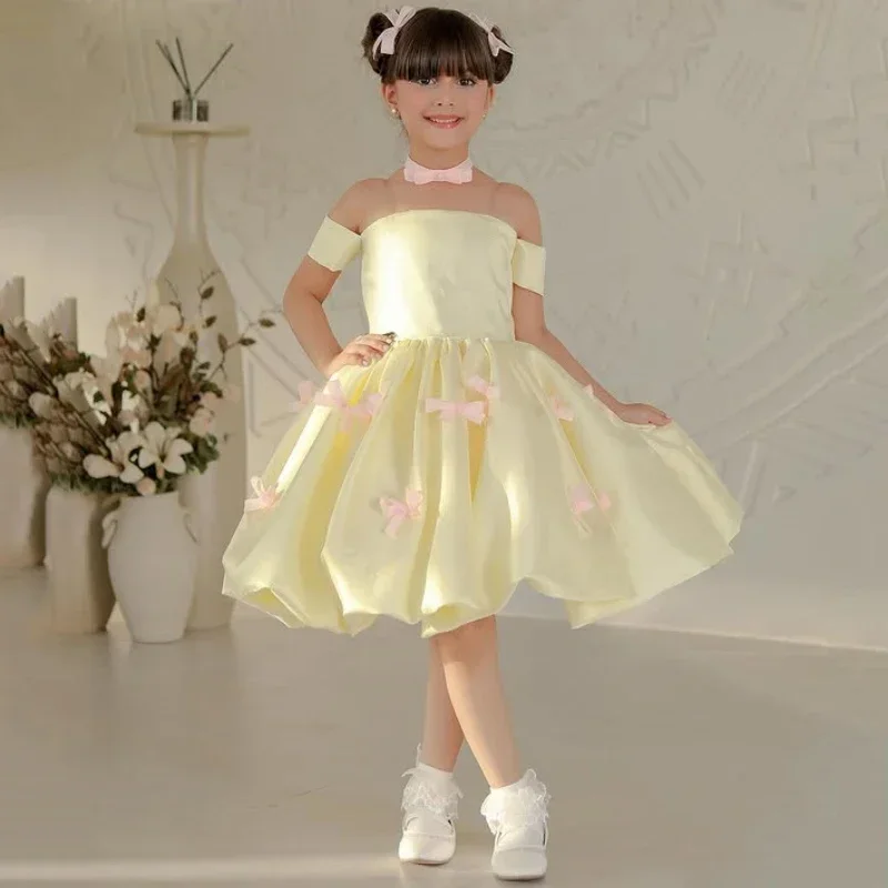 사용자 정의 캐주얼 연회 공주 가운 사용자 정의 꽃의 소녀 드레스 핑크 활 짧은 소매와 새틴 결혼식 생일 파티