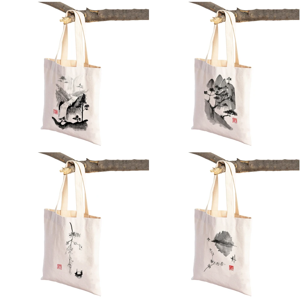 Black and White Ink Wall Pictures Chinese Landscape Women Shopping Bags Reusable Double Print Casual Canvas Shopper Bag Tote