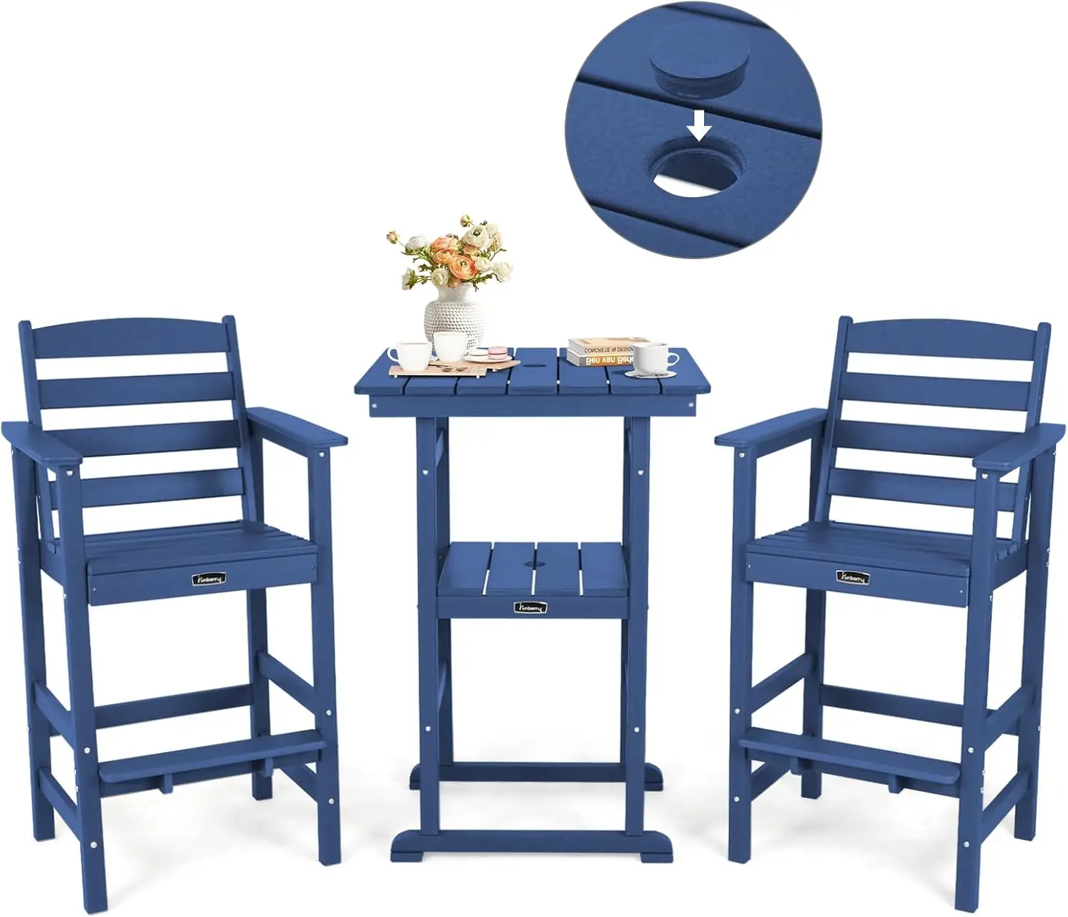 Oversized Outdoor Bar Set Tall Adirondack Chair Table Umbrella Hole HDPE All Weather Rot Free Rust Free Crack Free UV Fade Shiel