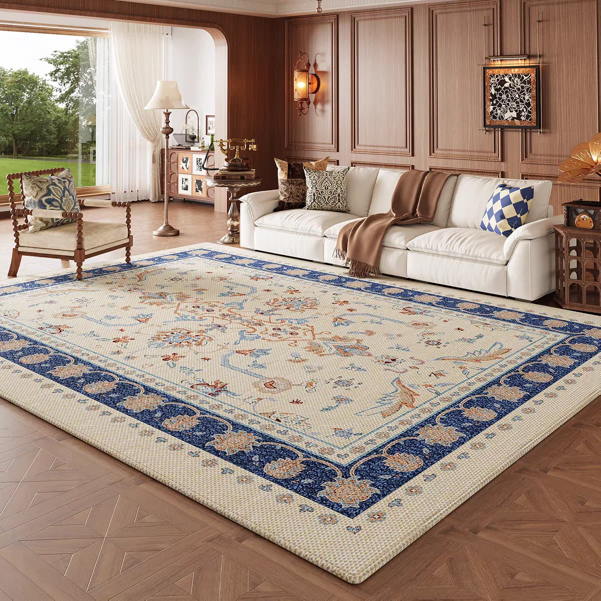 Light Luxury Vintage Blue Carpet Living Room New Chinese Style Area Rug for Bedroom Decoration Home Large Floor Mat