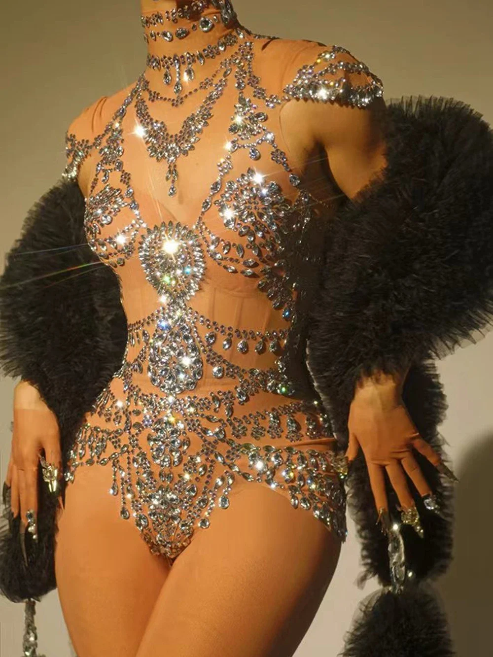 Bodysuit de malha sexy para mulheres, collant de dança noturna, traje de performance, cantora dançarina, strass luxuosos