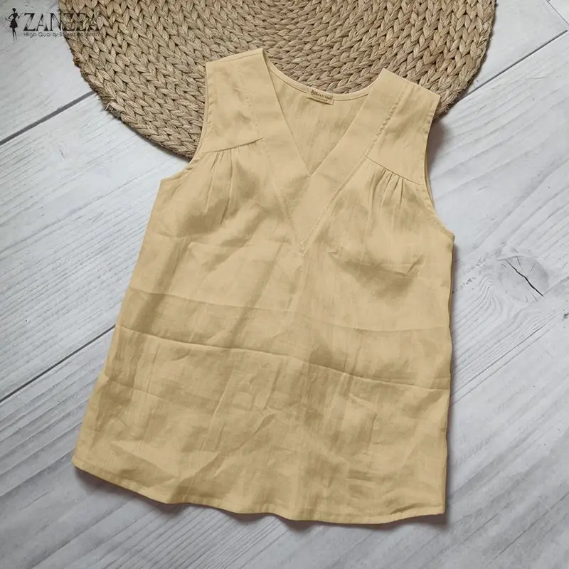 ZANZEA Woman Breathable Cotton Linen Tank Top V-Neck Gathered Details Sleeveless Tops Summer Daily Casual Vacation Beach Blouses