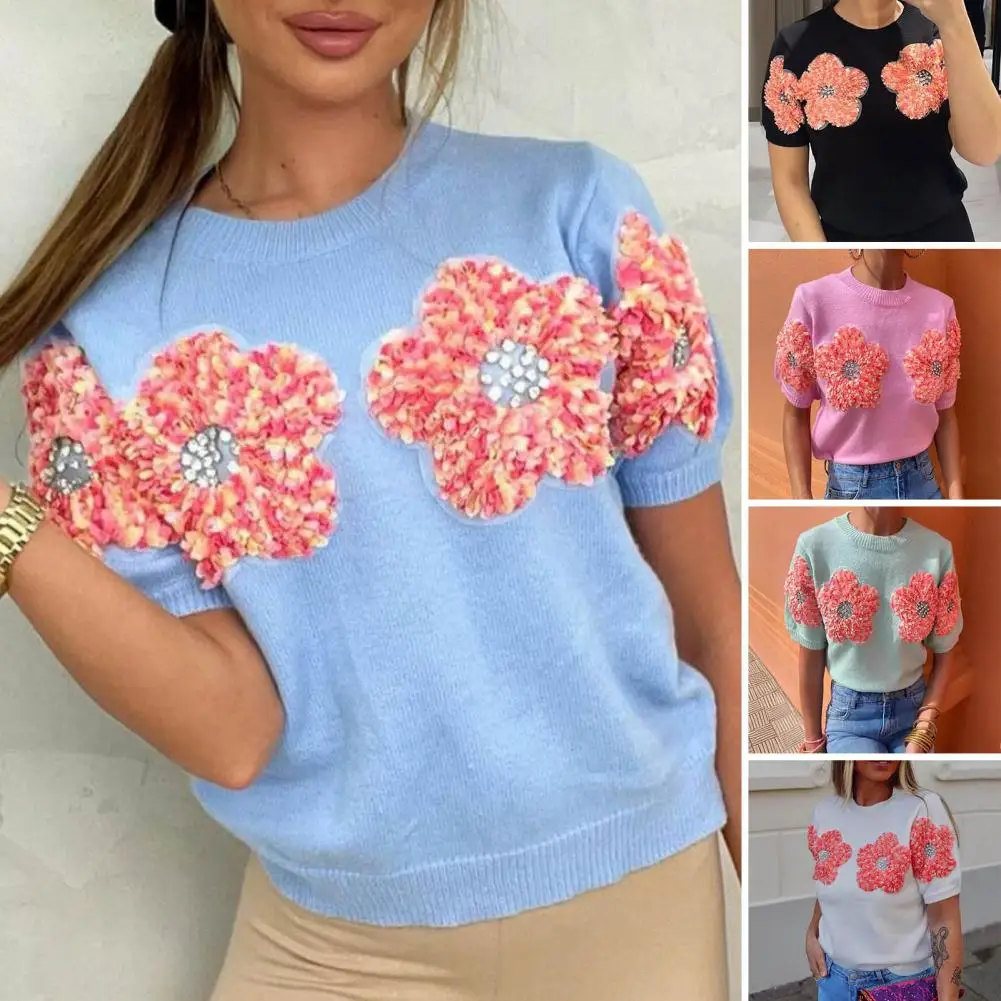 

Short Sleeve Sweater with Flower Decoration Elegant Floral Knit Tops Women's Round Neck Short Sleeve Sweater with 3d for Daily