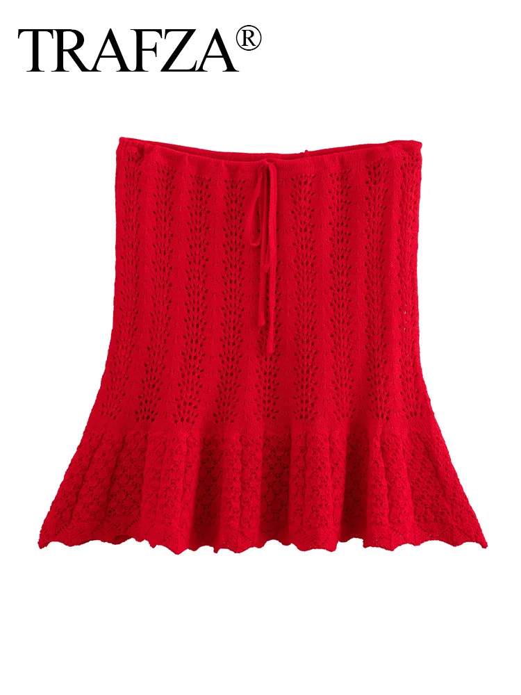 TRAFZA donna moda estate gonna solida scava fuori maglia a vita alta Lace-Up pantaloncini femminili gonne donna elegante gonna a trapezio