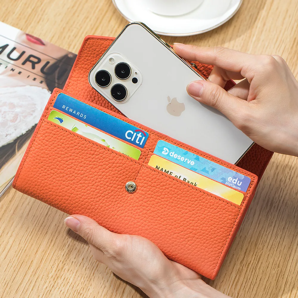 Genuine Leather Long Wallet Phone Bag Cowhide Coin Purse Key Lipstick Case Earphone Pouch ID Credit Card Holder For Women Clutch