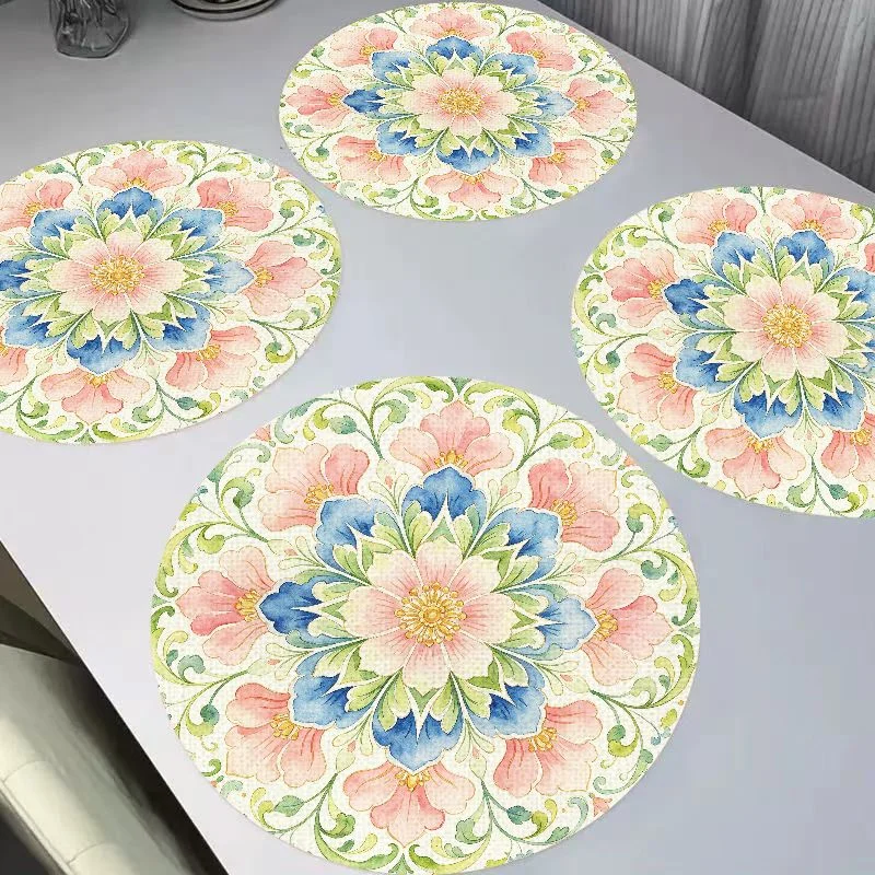 VIKAMA Retro Countryside Morning Glory Vine Round Linen Placemats, Heat Resistant Table Mat for Dining Table Home Decor