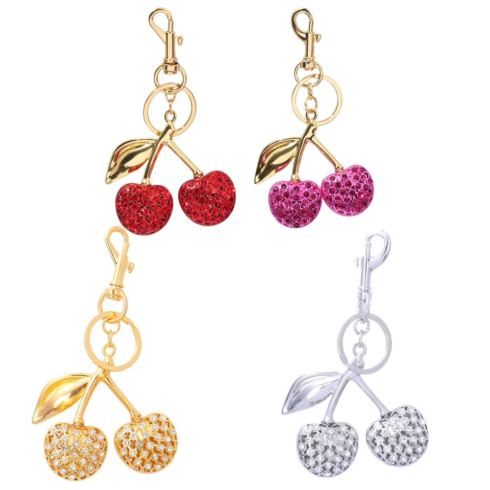 Fashion Delicious Sparkling Rhinestone Cherry Keychain Summer Fruit Keyring Bag Charms Handbag Purse Hanging Ornament Accessorie
