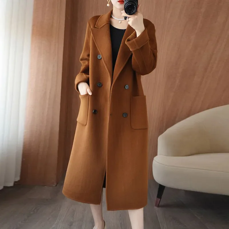 Cappotto da donna in cashmere double face 100% lana 2025 Autunno Inverno Nuovo trench di lana doppiopetto allentato di media lunghezza