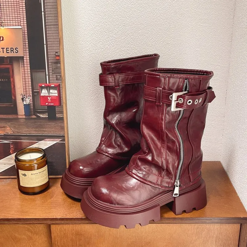 

Fashion 2026 Winter Punk Style Women Pipe Ankle Boots Belt Buckle Platform Thick Sole Shoes Ladies Modern Short Botas Para Mujer