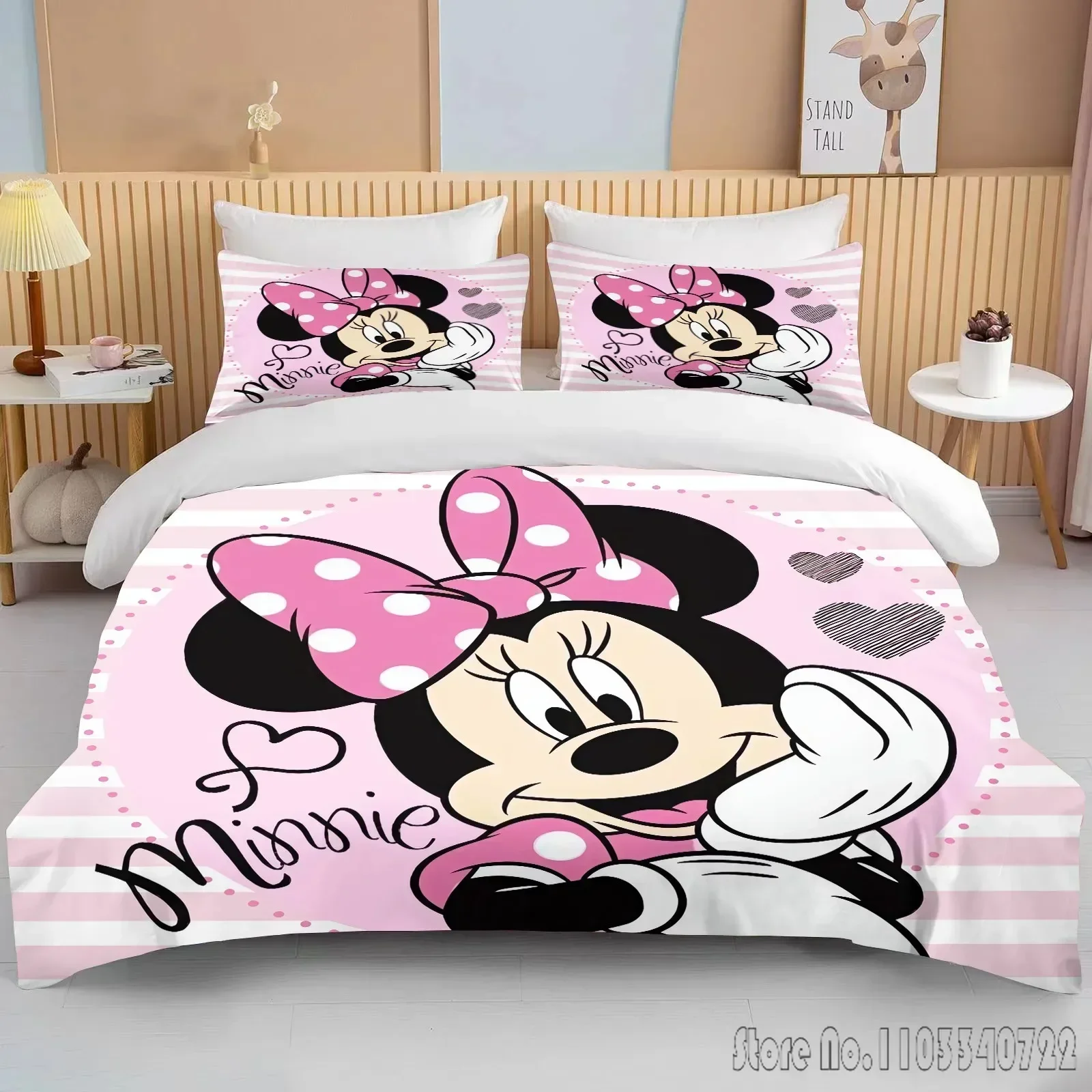 

Minnie Mouse Printed Bedding Set Duvet Cover Anime Quilt Adult Kids Birthday Gift Full Size Bedding Set Luxury