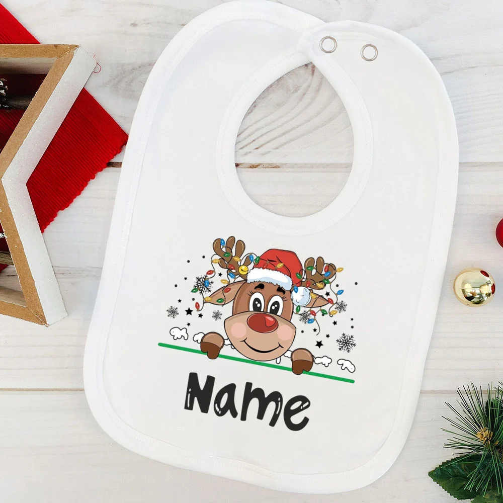 Personalized Baby Bib Deer Santa Hat with Name Bibs Custom Christmas Party Newborn Cotton Bib Infant Saliva Towel Xmas Gift