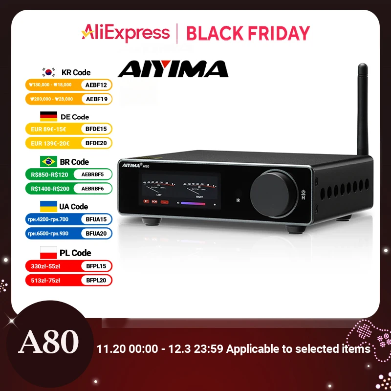 AIYIMA A80 TPA3255 PFFB بلوتوث DAC مكبر كهربائي ستيريو 300Wx2 فئة D 2.0 HiRes مضخم رقمي مع مدخل RCA TRS OPT COA USB