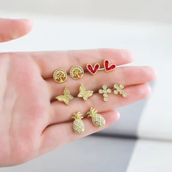 FLOLA 1 Pair Mini CZ Crystal Butterfly Stud Earrings Copper Gold Plated Pineapple Ear Studs Small Jewelry Gifts erst31