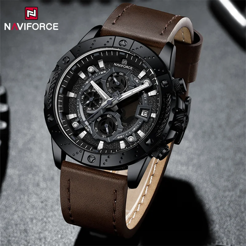 NAVIFORCE Luxury Men Chronograph Watch Waterproof Sport Luminous Quartz Wristwatches Leather Strap Date Clock Relogio Masculino