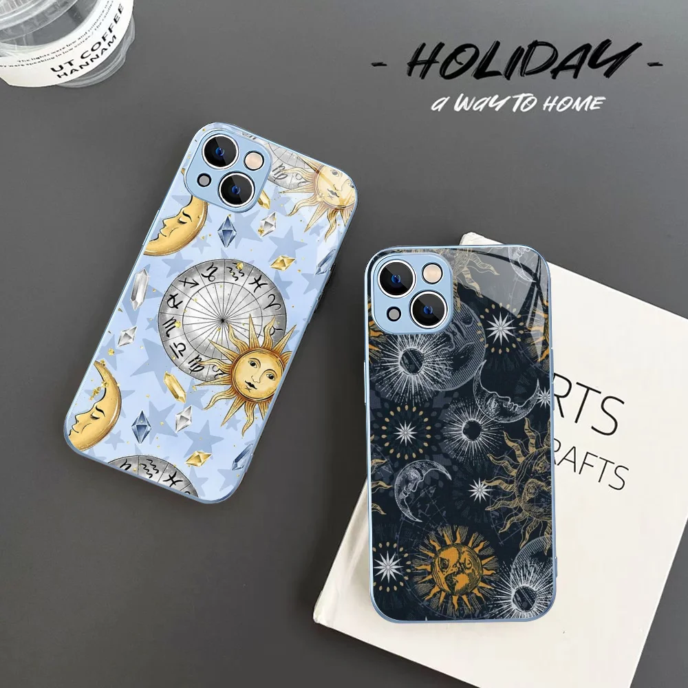 Suns Moons Clouds Astrological Phone Case For iPhone 14 13 12 Mini 11 Pro XS Max X XR 14 Plus Tempered Glass Cover