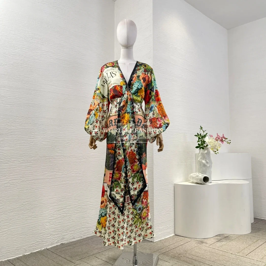 Seda pura cor misturada 2025 nova alta qualidade feminina férias floral impressão completa lanterna manga midi vestido sereia
