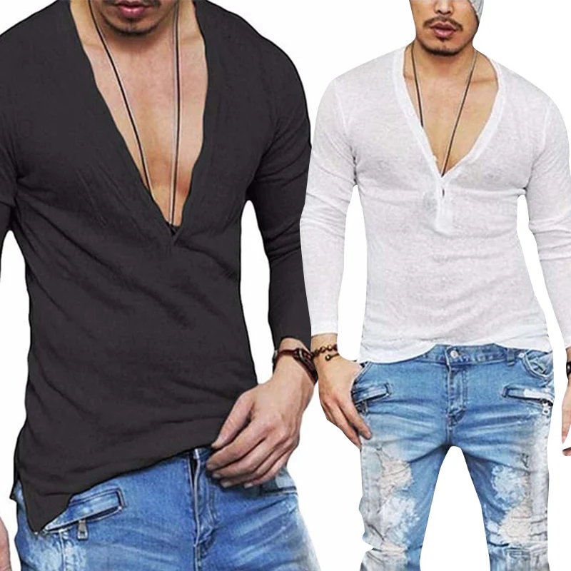 Deep V Neck T Shirt for Men Tshirt Invisible Undershirt Male Low Cut Vneck Wide Vee Tee Model Scoop Hem Slim Fit Long Sleeve