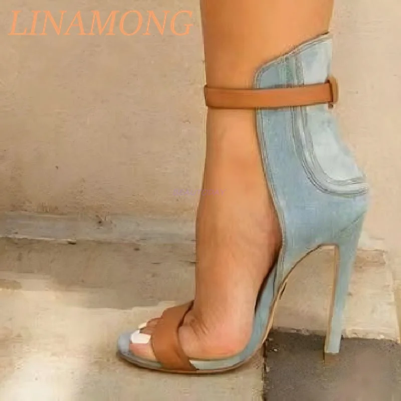 Open Toed Denim Sandals Fashionable Simple Belt Buckle Straight Strap Design Pointed Color Blocking Versatile Slim High Heels