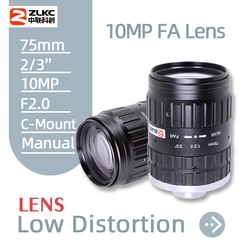 ZLKC 75mm Lens C Mount 2/3 Inch 10Megapixel Manual Iris F2.0 Machine Vision Low Distortion FA 10MP Industrial Inspection Cameras