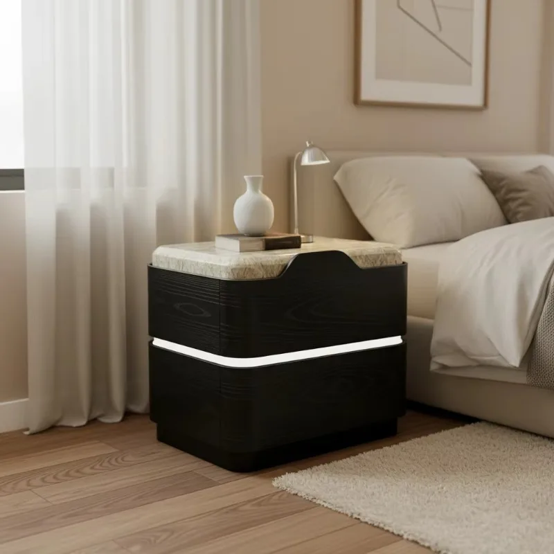 Marble furniture, marble countertop LED bedside table with 2 drawers, brown wood bedside table