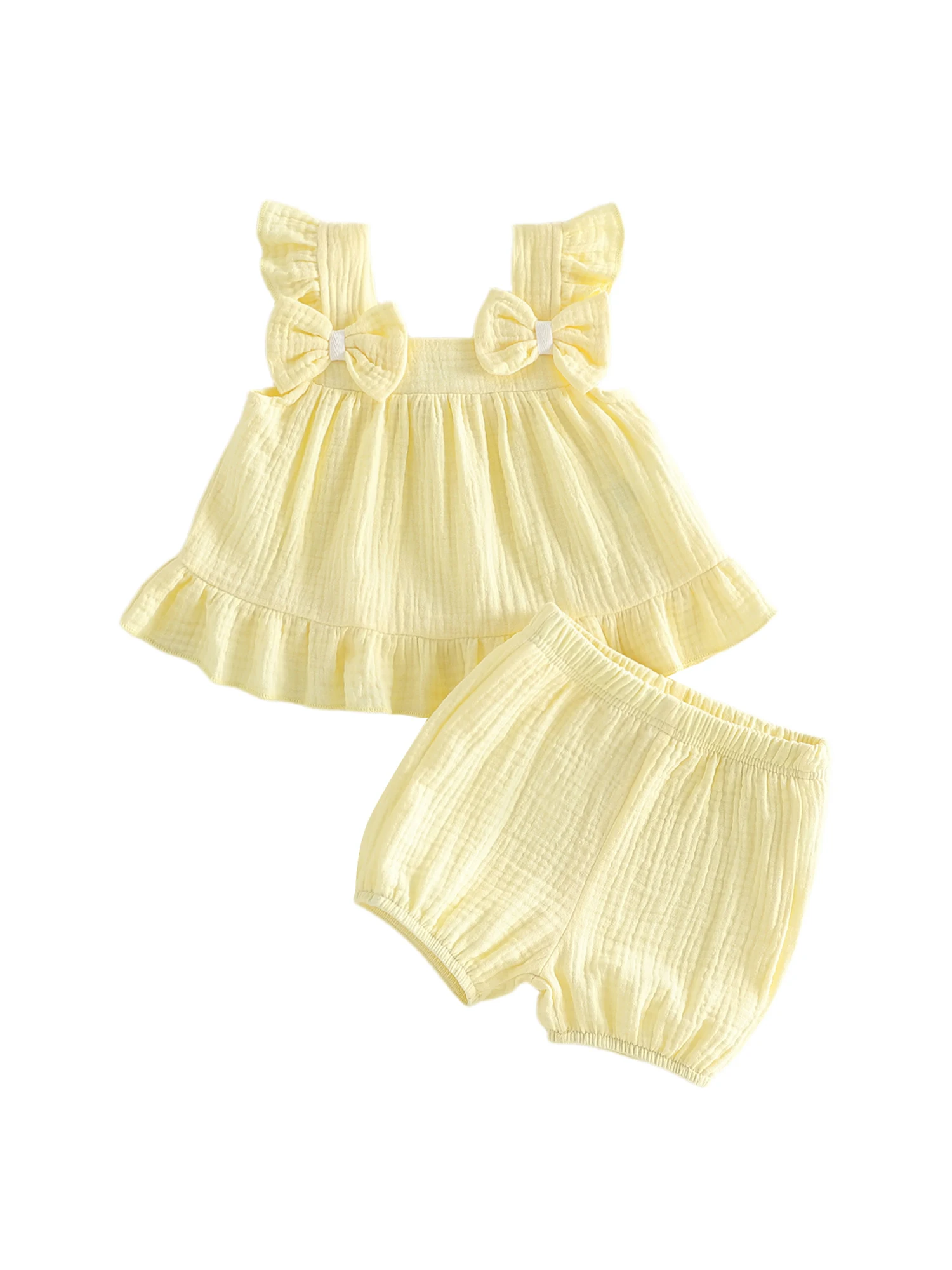 

Очаровательный летний комплект для девочек: топ с рюшами и квадратным вырезом, шорты и повязка на голову, 3 предмета, для малышей