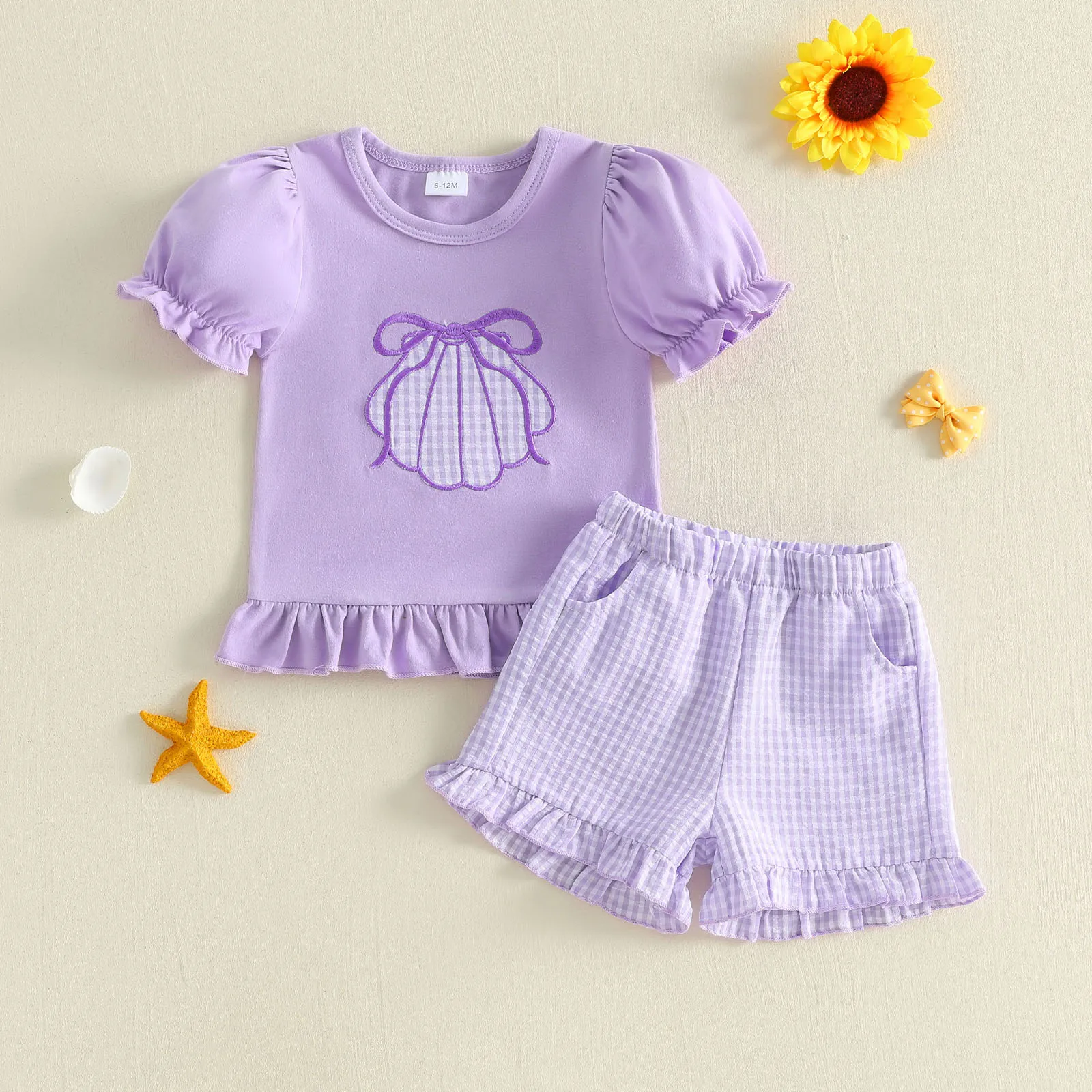 1-5Y Toddler Baby Girls Summer Outfit Cute Short Sleeve Seashell Embroidery Tops Shirt with Plaid Shorts 2Pcs Children's Sets