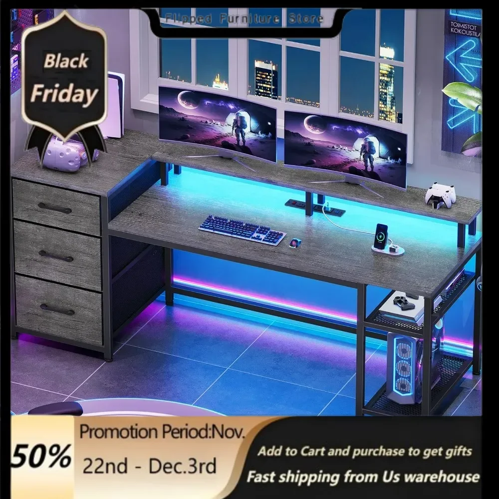 

59" Office Desk with Drawers, Reversible Computer Desk with File Drawers & Storage, Gaming Desk with LED Lights & Power Outlet