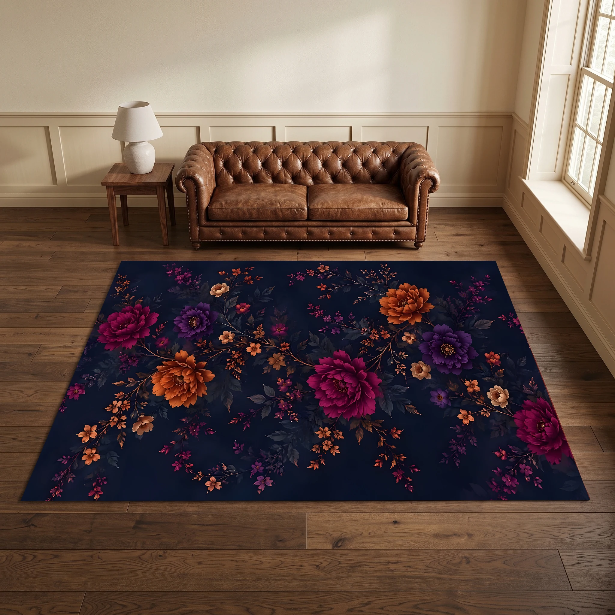 Navy Blue Velvet Rug with Colorful Floral Patterns, a Retro and Luxurious Style, Perfect for Autumn and Winter Suitable for Living Rooms, Bedrooms, and Entryways, Creating a Warm and Autumnal Atmosphere.