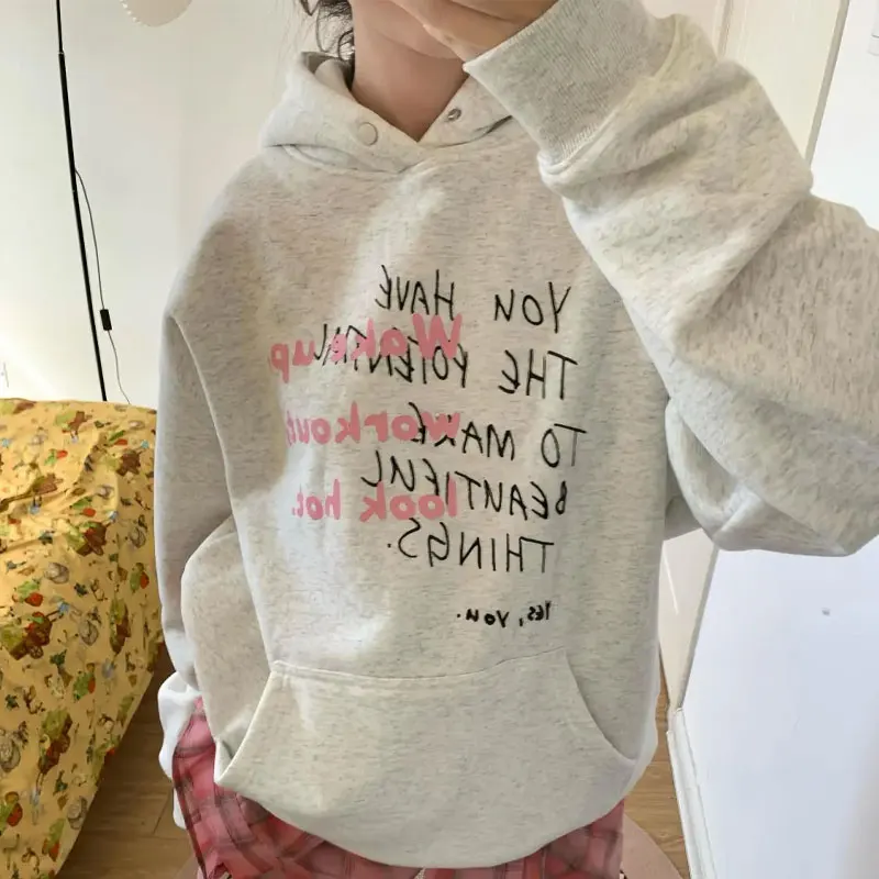 

Korean Casual Hand-Painted Sweatshirts Autumn Winter Fleece Basic Letter Women's Clothing Hooded Fashion Pockets Loose Hoodies