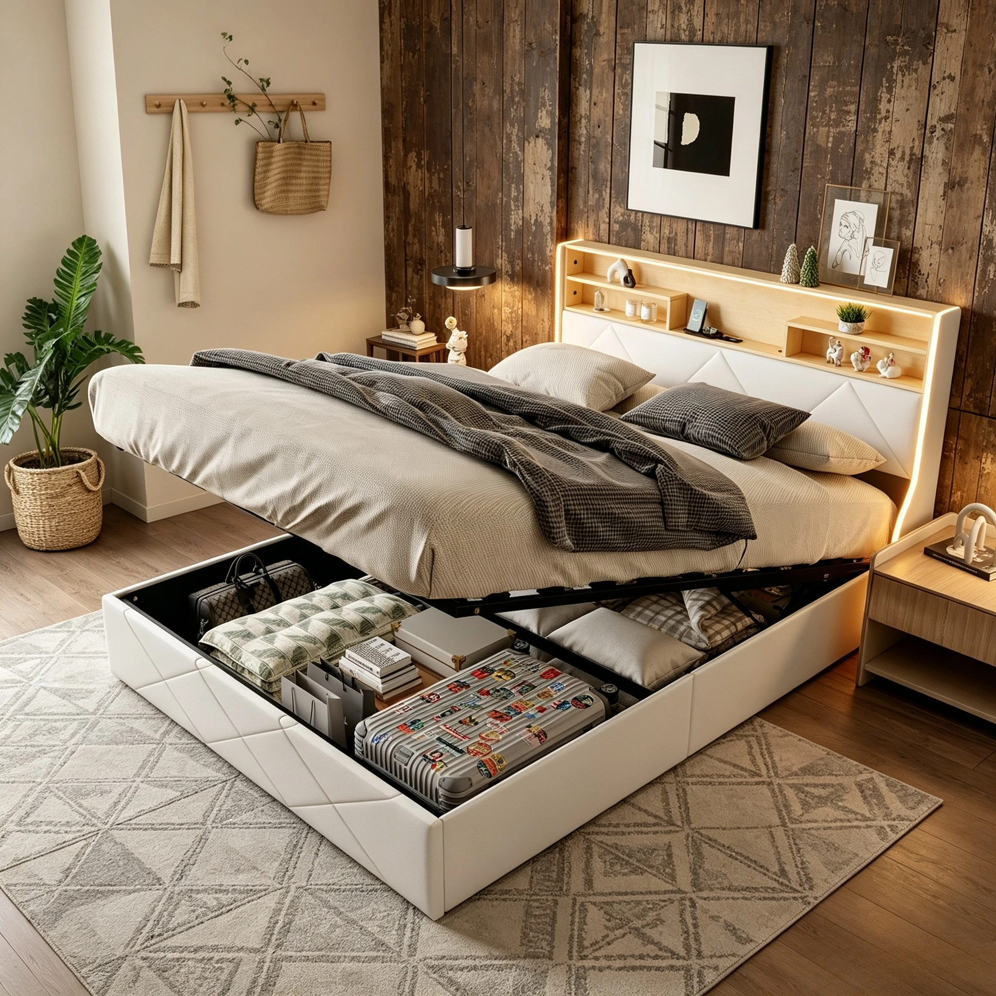 Letto matrimoniale Fangange con contenitore, dimensioni 140x200/160x200 cm, dotato di luci a LED, con vani contenitori nella testiera e ampio spazio di archiviazione, rivestimento in tessuto,