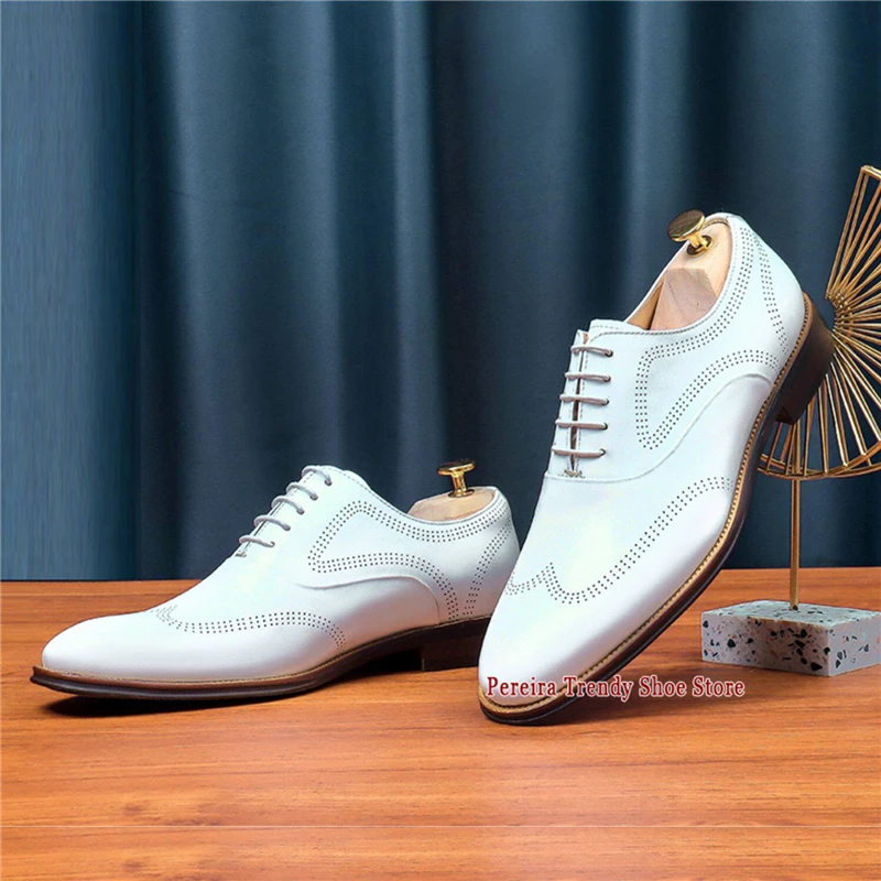 Men's White Genuine Leather Oxford Shoes Groom Wedding Shoes British Style Beige Carved Pointed Toe Lace-Up Business Dress Shoes