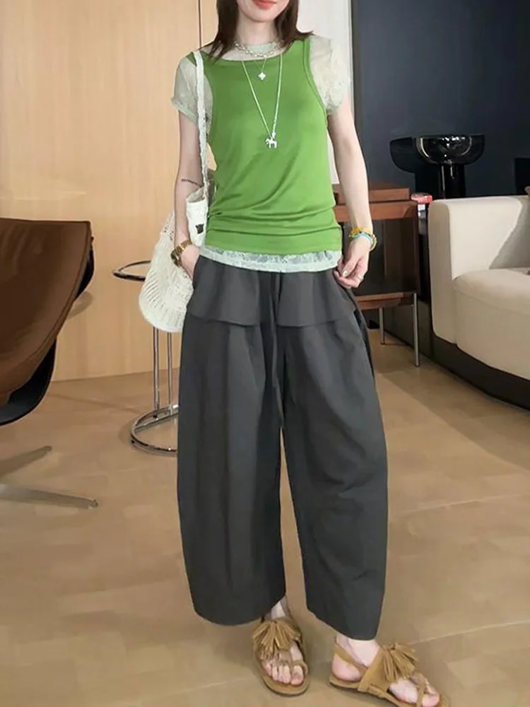 

Casual Loose Women's Summer Fashion Patchwork Short Sleeve T-Shirt Set High Waist Wide Leg Pants Breathable Polyester Fiber