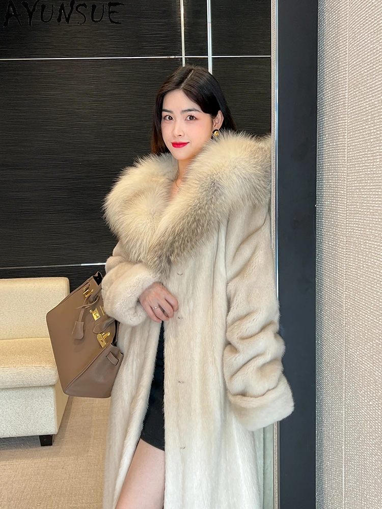 AYUNSUE معطف فرو المنك المخملي الطبيعي امرأة اضافية طويلة فاخرة معطف المنك الكامل للمرأة الملابس الثعلب الفراء طوق 2025 كوفتا С ميخيم