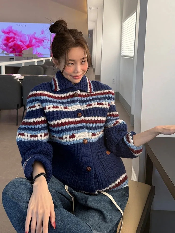 Korean Style Thickened Knitted Open Cardigan Women's Single Button Sweater Jacket Small Collar Color Block Winter Outerwear