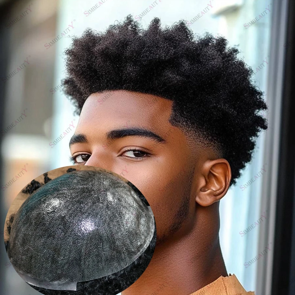 4mm/6mm Afro Black Men's Human Hair Replacement Undetectable Thin Skin Durable 0.1mm Injected Poly Base Prosthesis Toupee System
