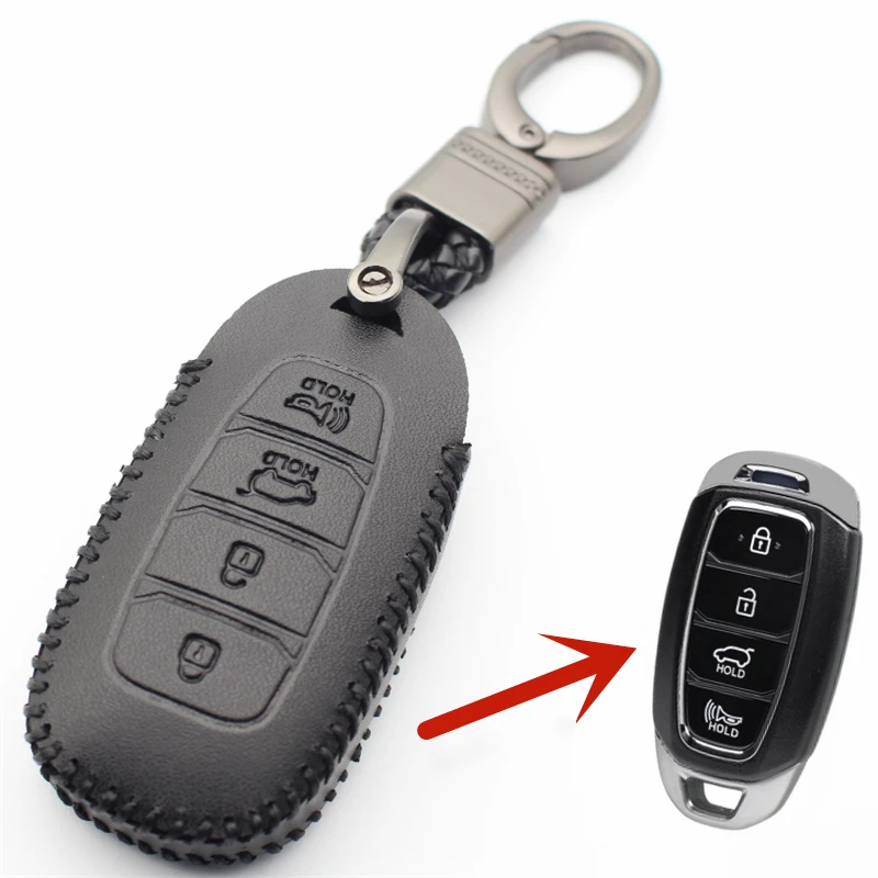 FLYBETTER Genuine Leather 4Button Smart Key Case Cover For Hyundai Santa Fe TM/Palisade/Grandeur/Azera/Elantra GT/Kona  L536