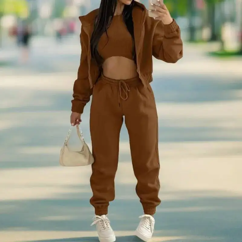 Spring 2025 Women's Pure Color Simple Hoodie Sweatshirt Sporty Casual Long Pants Three-Piece Set Comfortable Polyester Fiber